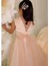 Pearl Neck Champagne Satin Tulle Ankle Length Flower Girl Dress